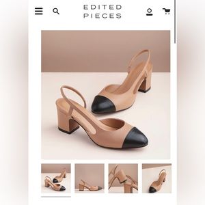 Tan and black color block heel sling back